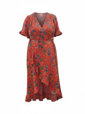 SUITE 7 RED & MULTI-COLOR FLORAL PRINT WRAP DRESS WITH BELL SLEEVES NWT (14W)